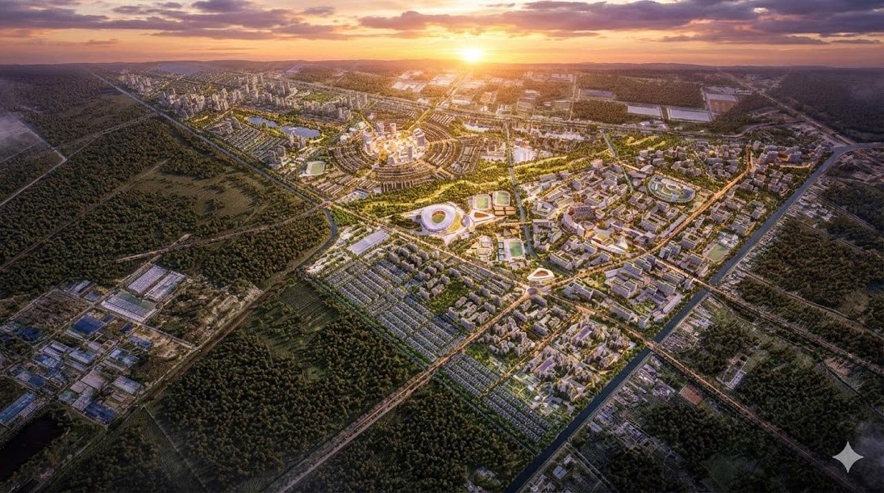 Hình phối cảnh dự án khu đô thị Vinhomes Hóc Môn khi hoàng hôn buông xuống