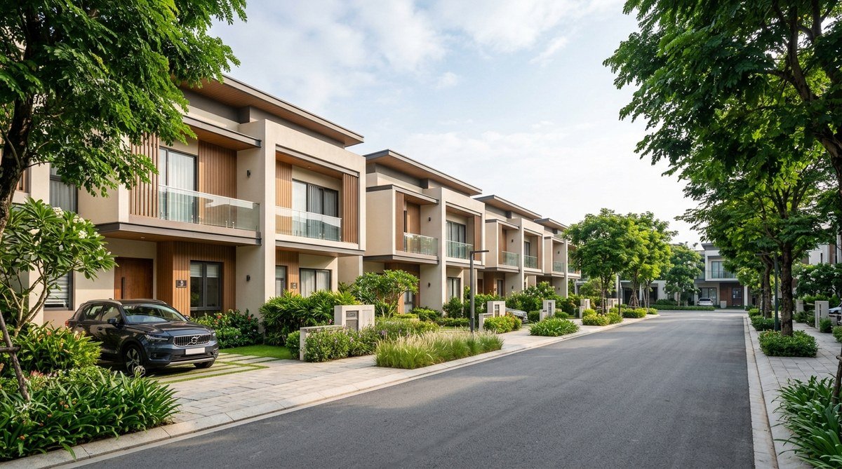 Nhà phố Vinhomes Saigon Park Hóc Môn nhìn từ trục đường nội khu, tháng 9/2026